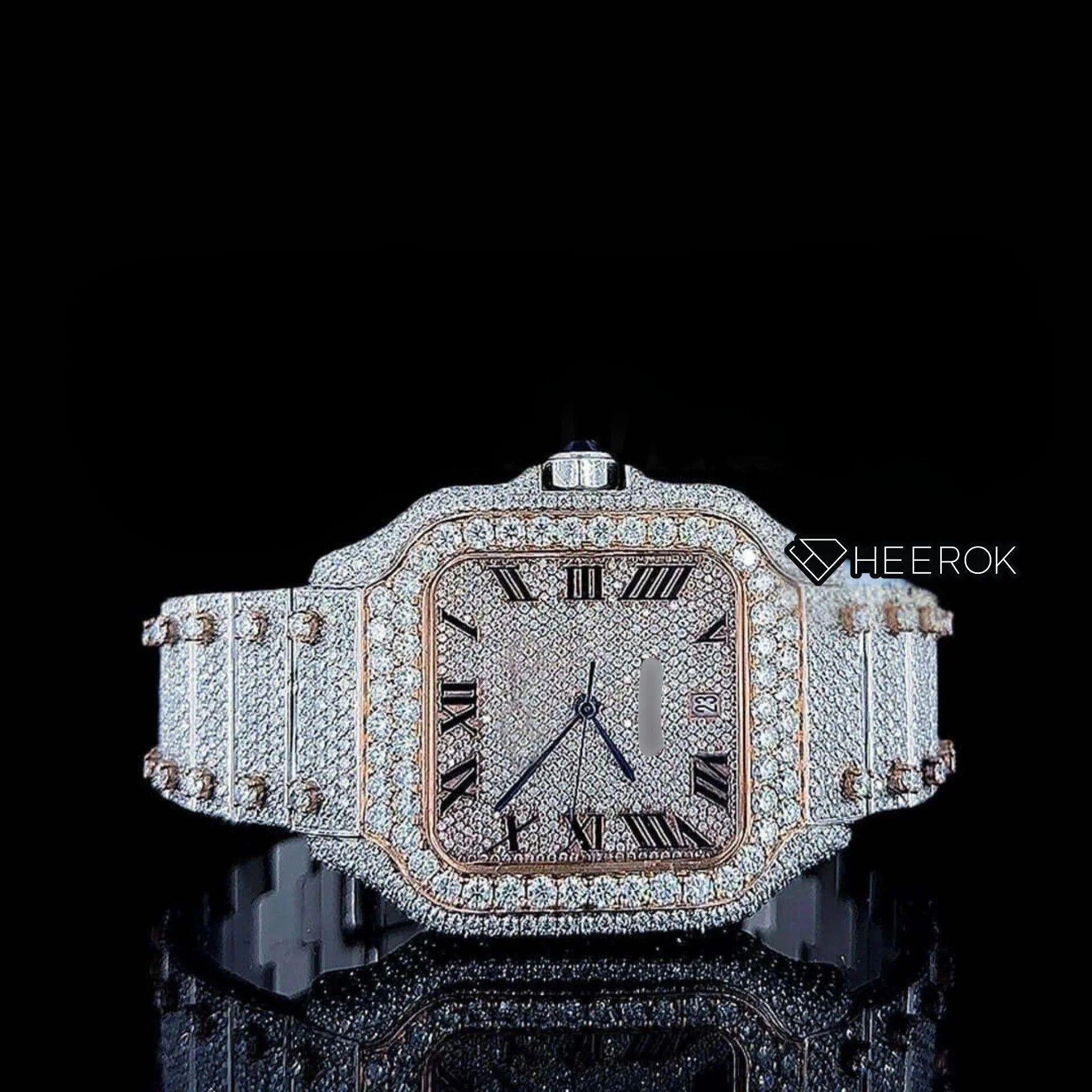 Cartier Santos Rose Gold Dial Black Roman Numerals Diamond Bezel Two Tone Fully Iced Moissanite Diamond