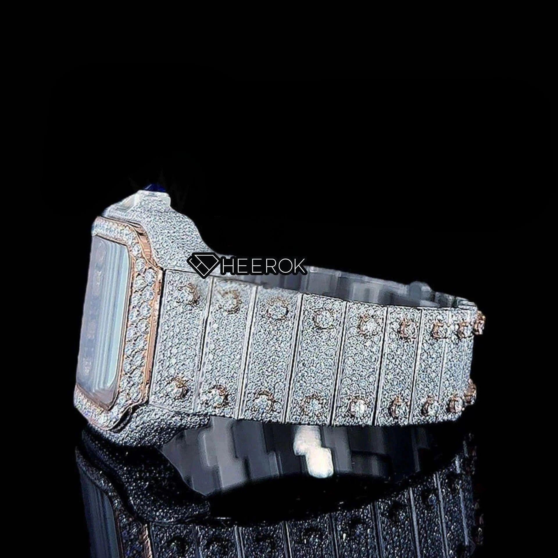 Cartier Santos Rose Gold Dial Black Roman Numerals Diamond Bezel Two Tone Fully Iced Moissanite Diamond