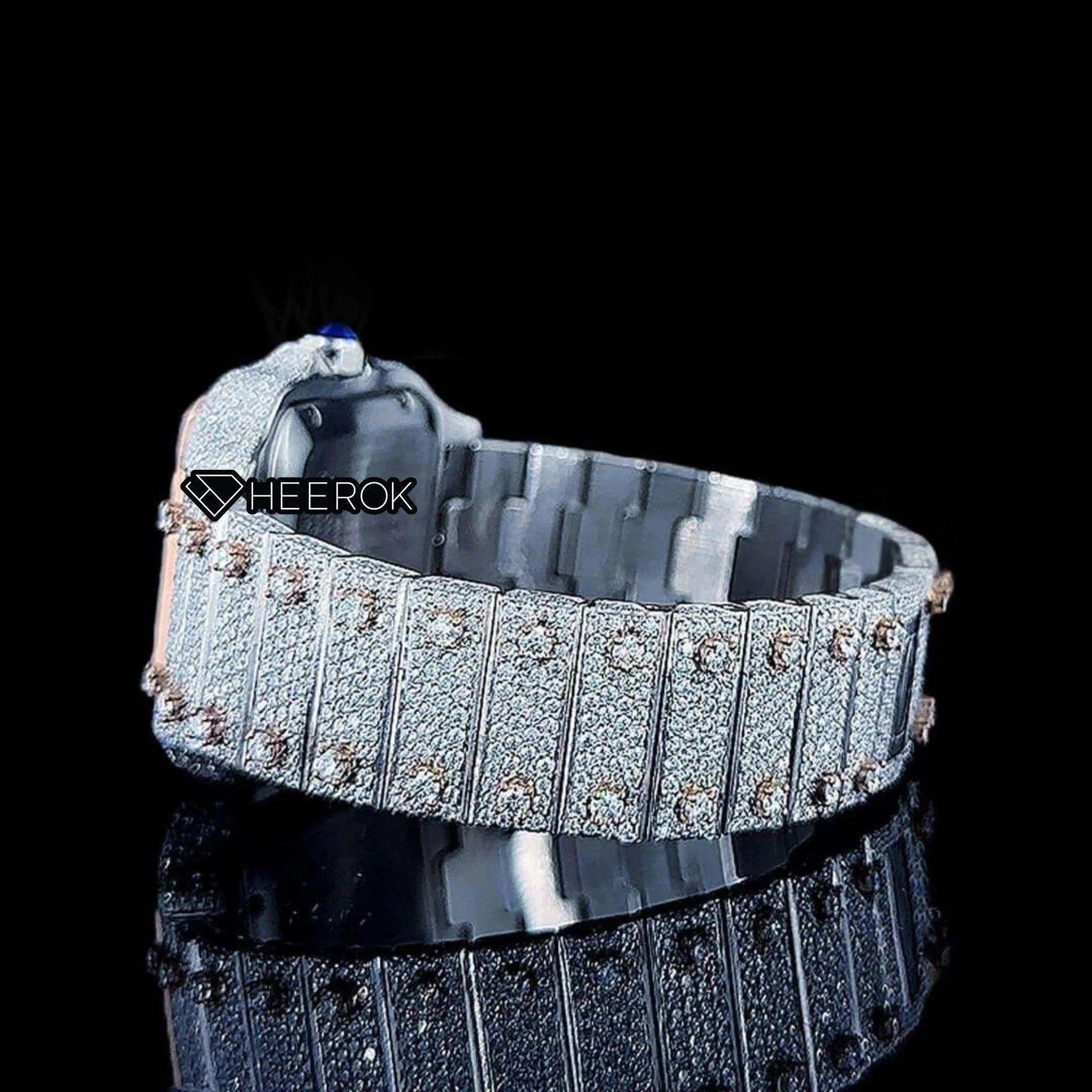 Cartier Santos Rose Gold Dial Black Roman Numerals Diamond Bezel Two Tone Fully Iced Moissanite Diamond