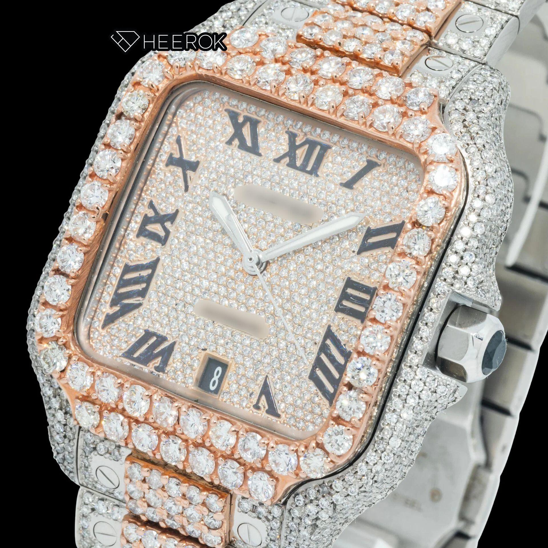 Cartier Santos Rose Gold Dial Black Roman Numerals Diamond Bezel Two Tone Rose Gold Moissanite Diamond Watch