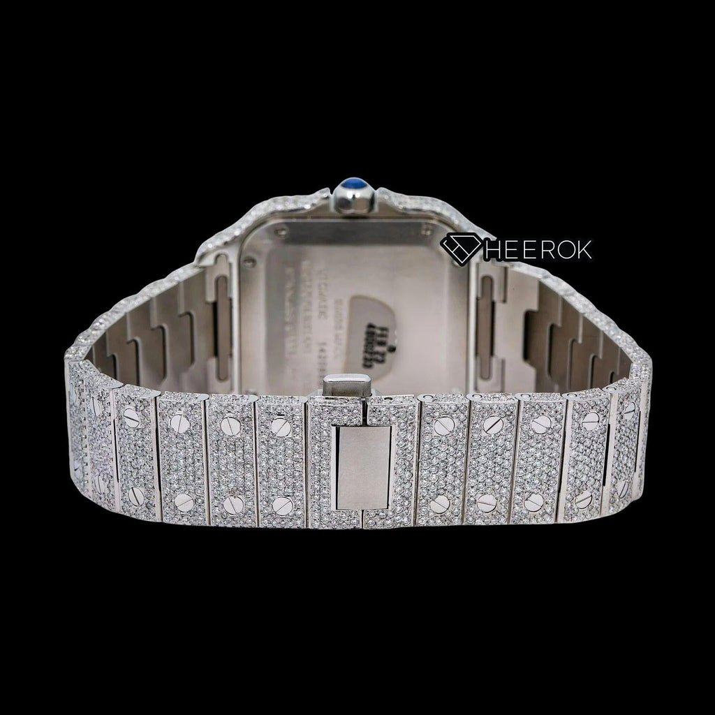 Cartier Santos Rose Gold Dial Black Roman Numerals Large Round Diamond Bezel Fully Iced Moissanite Diamond Watch For Women