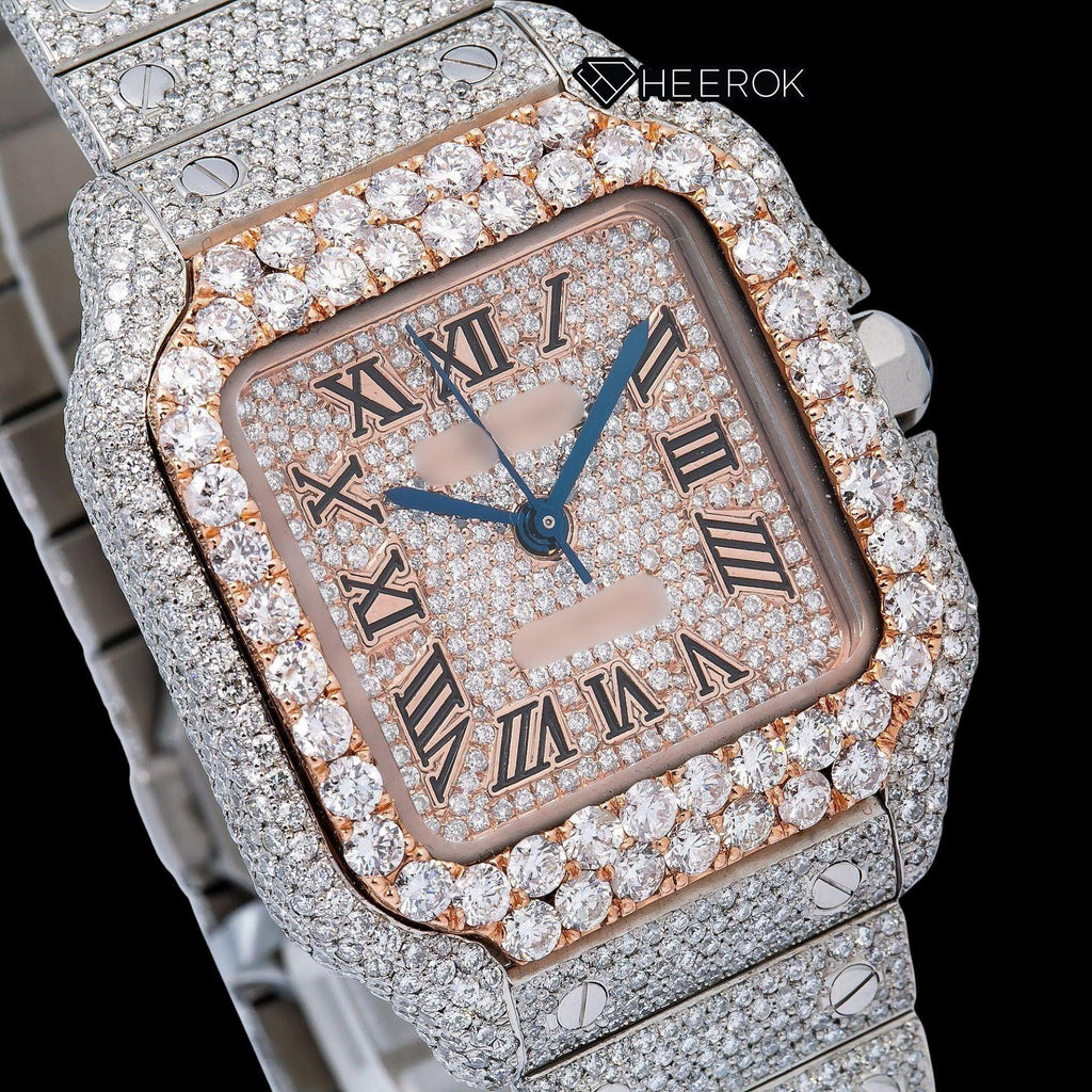 Cartier Santos Rose Gold Dial Black Roman Numerals Large Round Diamond Bezel Fully Iced Moissanite Diamond Watch For Women