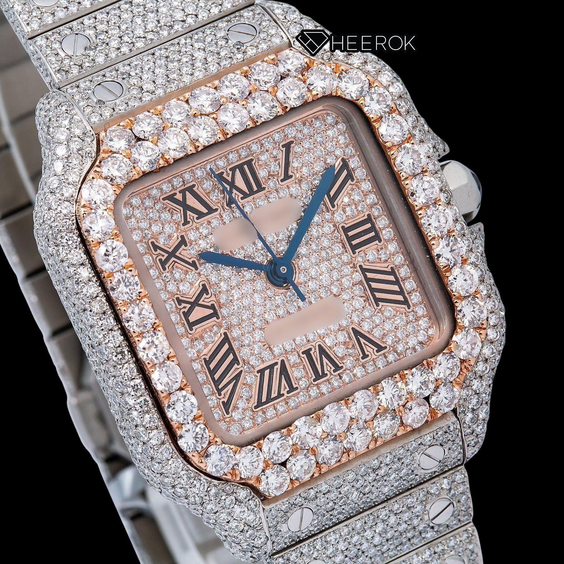 Cartier Santos Rose Gold Dial Black Roman Numerals Large Round Diamond Bezel Fully Iced Moissanite Diamond Watch For Women