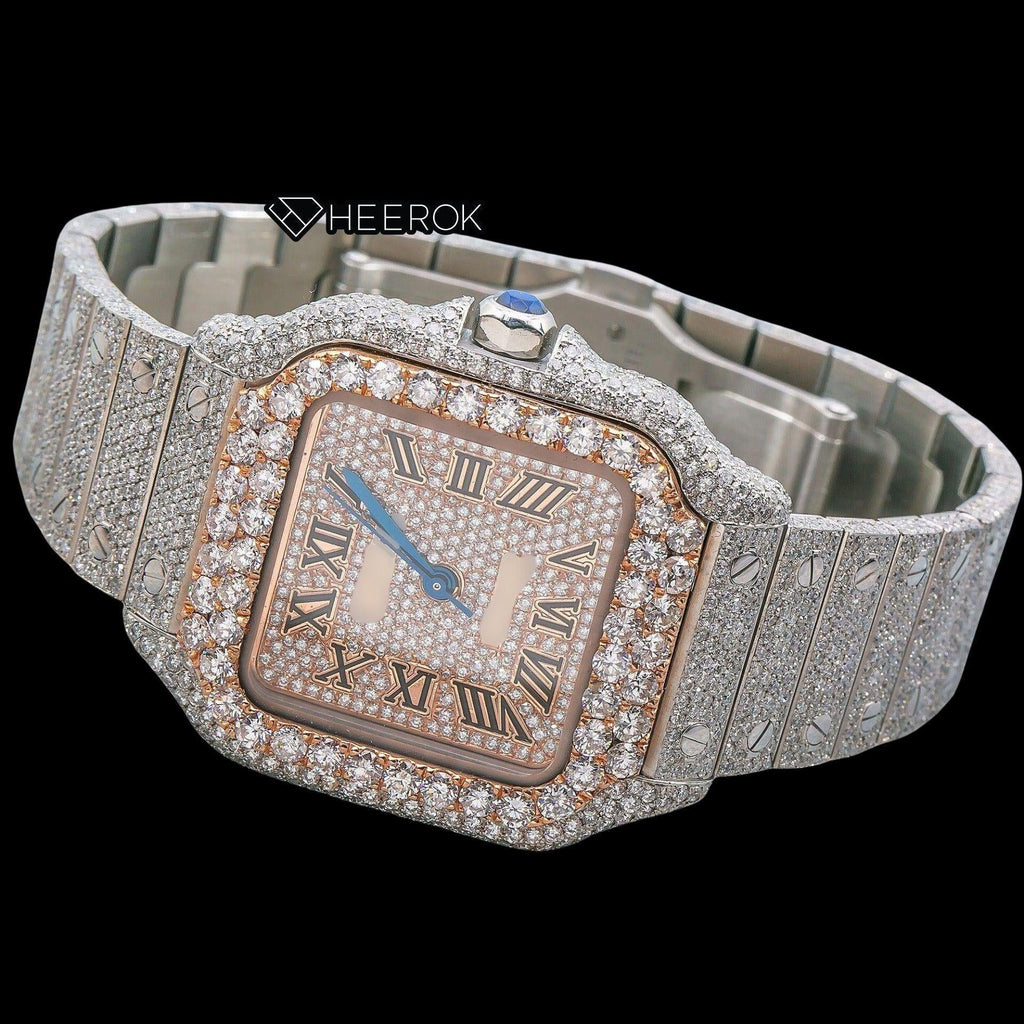 Cartier Santos Rose Gold Dial Black Roman Numerals Large Round Diamond Bezel Fully Iced Moissanite Diamond Watch For Women