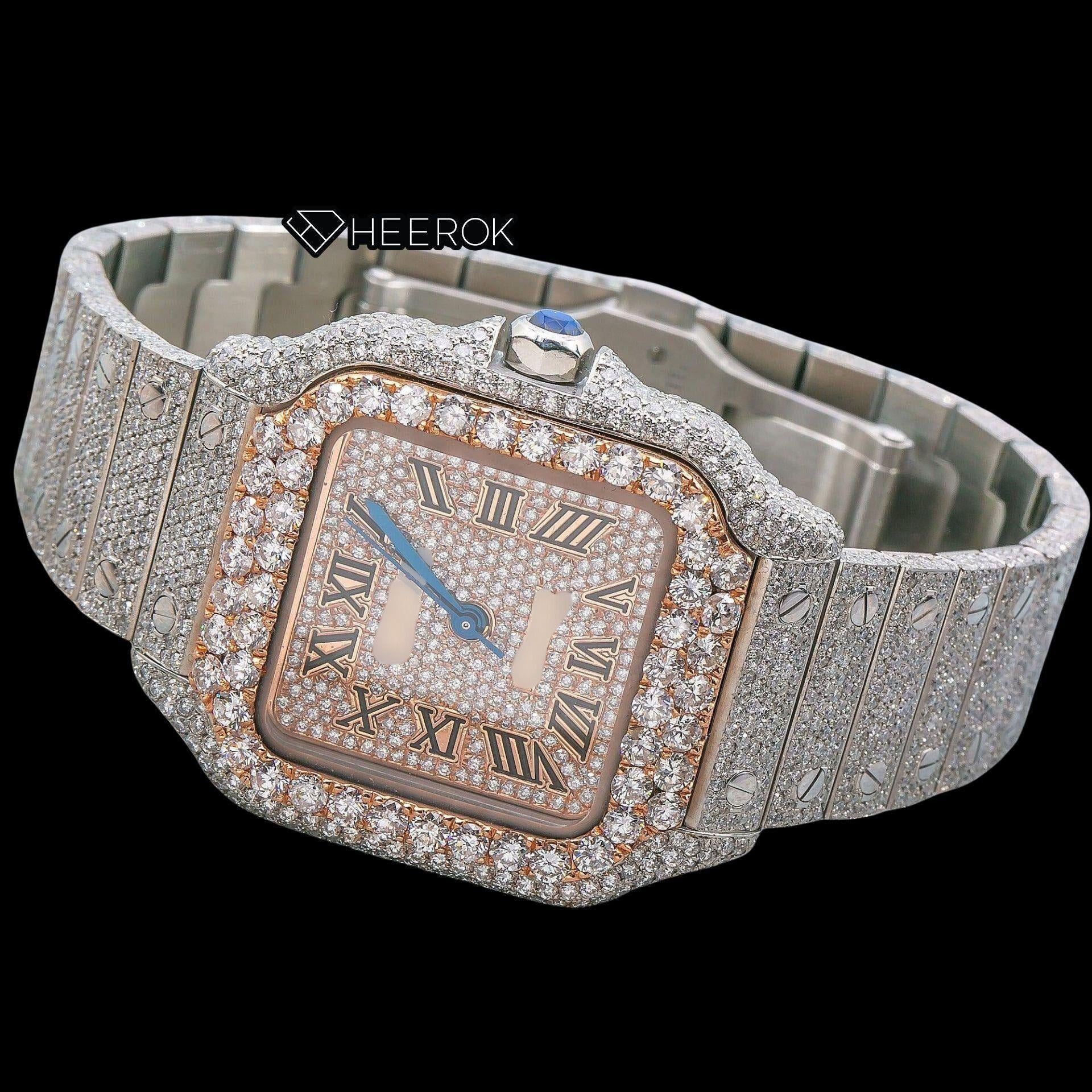 Cartier Santos Rose Gold Dial Black Roman Numerals Large Round Diamond Bezel Fully Iced Moissanite Diamond Watch For Women