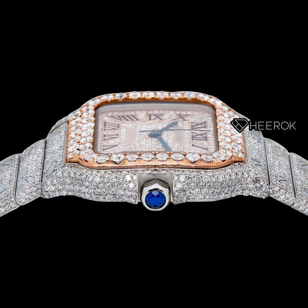 Cartier Santos Rose Gold Dial Black Roman Numerals Large Round Diamond Bezel Fully Iced Moissanite Diamond Watch For Women