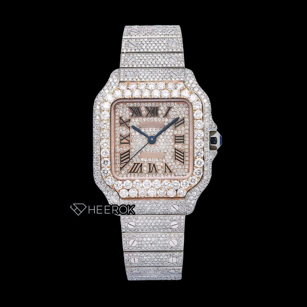 Cartier Santos Rose Gold Dial Black Roman Numerals Large Round Diamond Bezel Fully Iced Moissanite Diamond Watch For Women