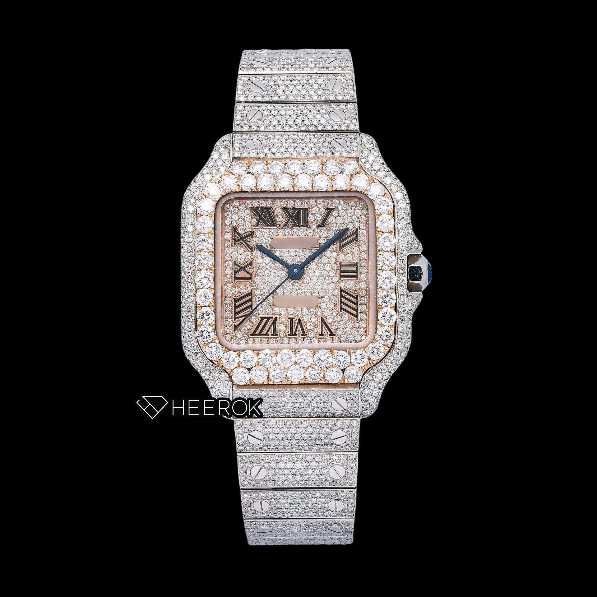 Cartier Santos Rose Gold Dial Black Roman Numerals Large Round Diamond Bezel Fully Iced Moissanite Diamond Watch For Women