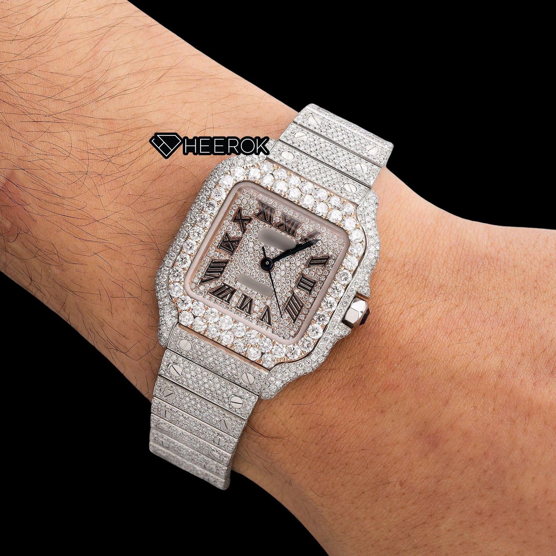 Cartier Santos Rose Gold Dial Black Roman Numerals Large Round Diamond Bezel Fully Iced Moissanite Diamond Watch For Women