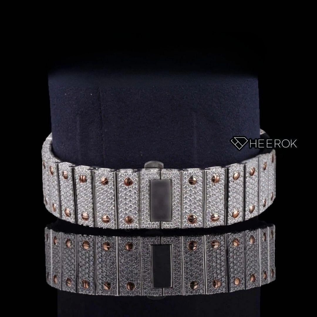 Cartier Santos Rose Gold Dial Roman Numerals Diamond Bezel Two Tone Rose Gold Fully Iced Moissanite Diamond For Women