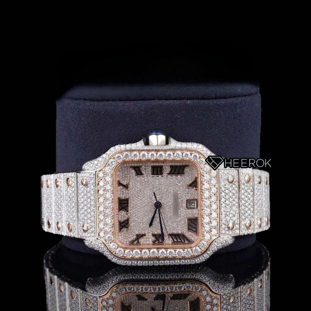 Cartier Santos Rose Gold Dial Roman Numerals Diamond Bezel Two Tone Rose Gold Fully Iced Moissanite Diamond For Women