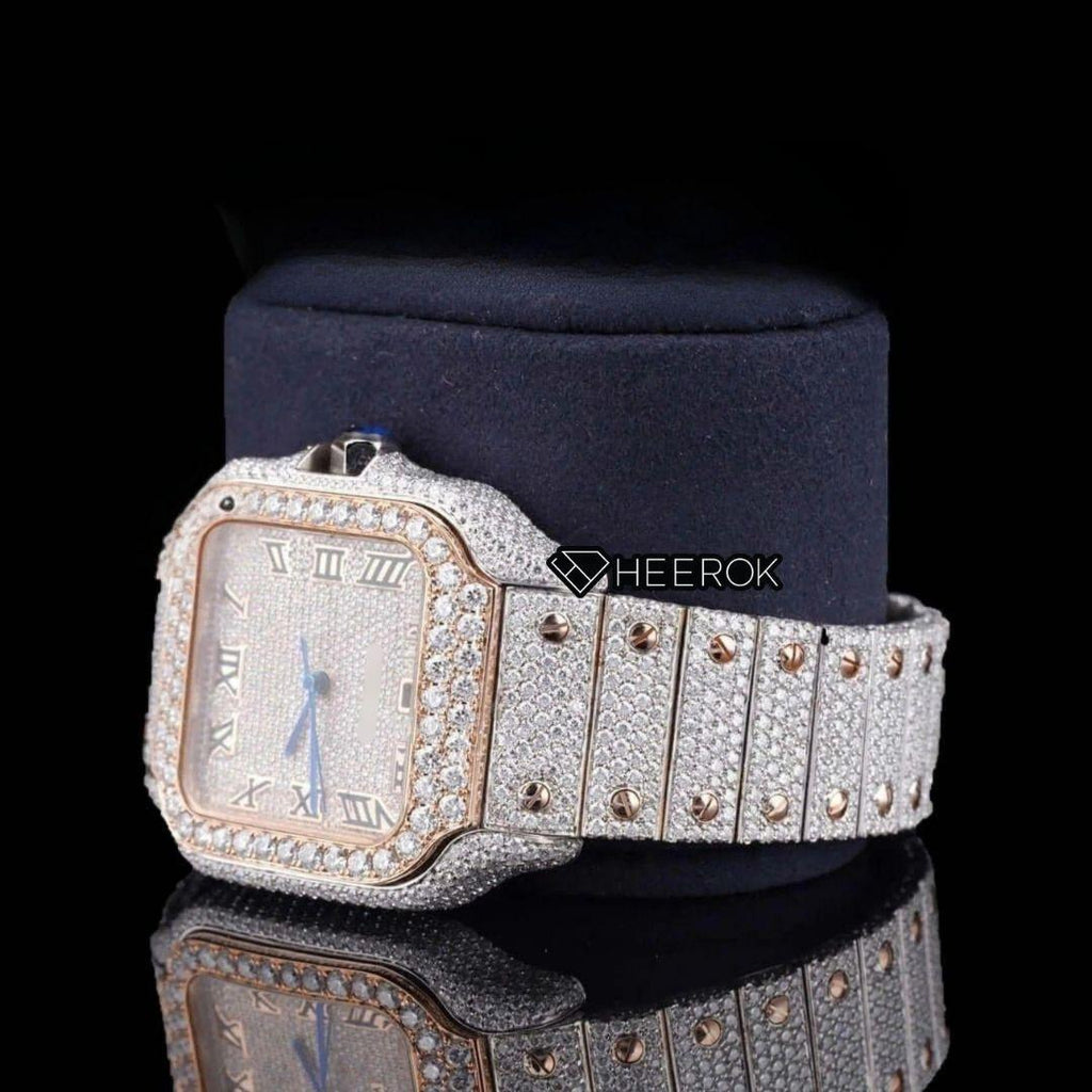 Cartier Santos Rose Gold Dial Roman Numerals Diamond Bezel Two Tone Rose Gold Fully Iced Moissanite Diamond For Women