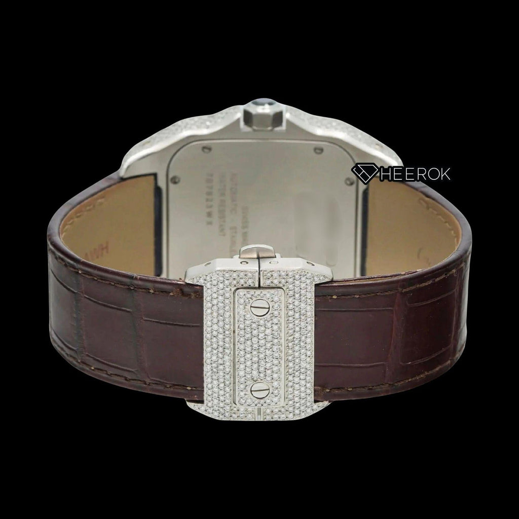 Cartier Santos Rose Gold Dial Roman Numerals Large Round Diamond Bezel Brown Leather Strap Semi Iced Moissanite Diamond Watch