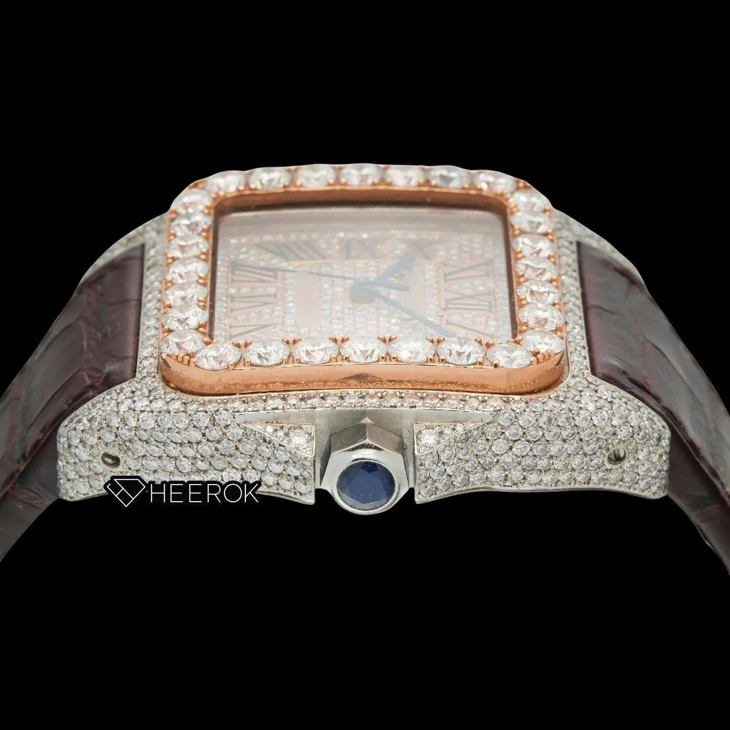 Cartier Santos Rose Gold Dial Roman Numerals Large Round Diamond Bezel Brown Leather Strap Semi Iced Moissanite Diamond Watch
