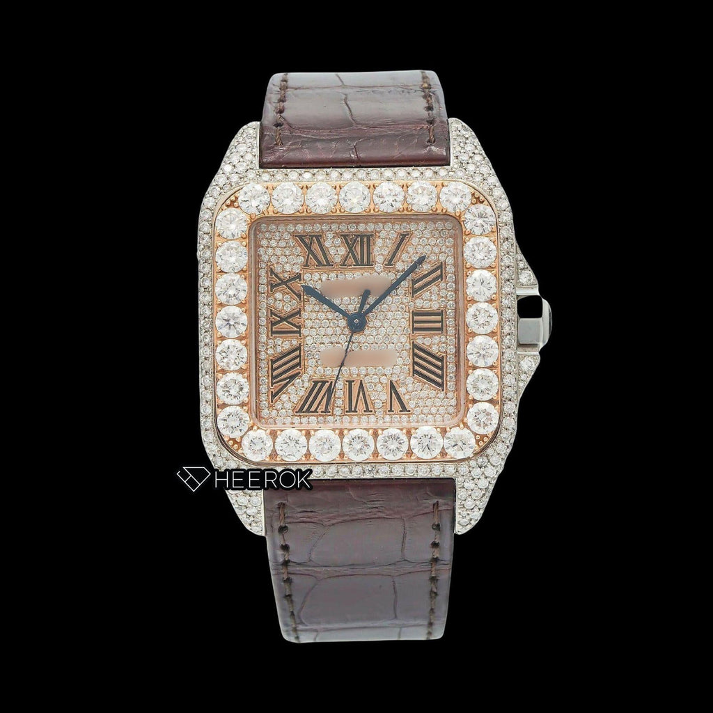 Cartier Santos Rose Gold Dial Roman Numerals Large Round Diamond Bezel Brown Leather Strap Semi Iced Moissanite Diamond Watch