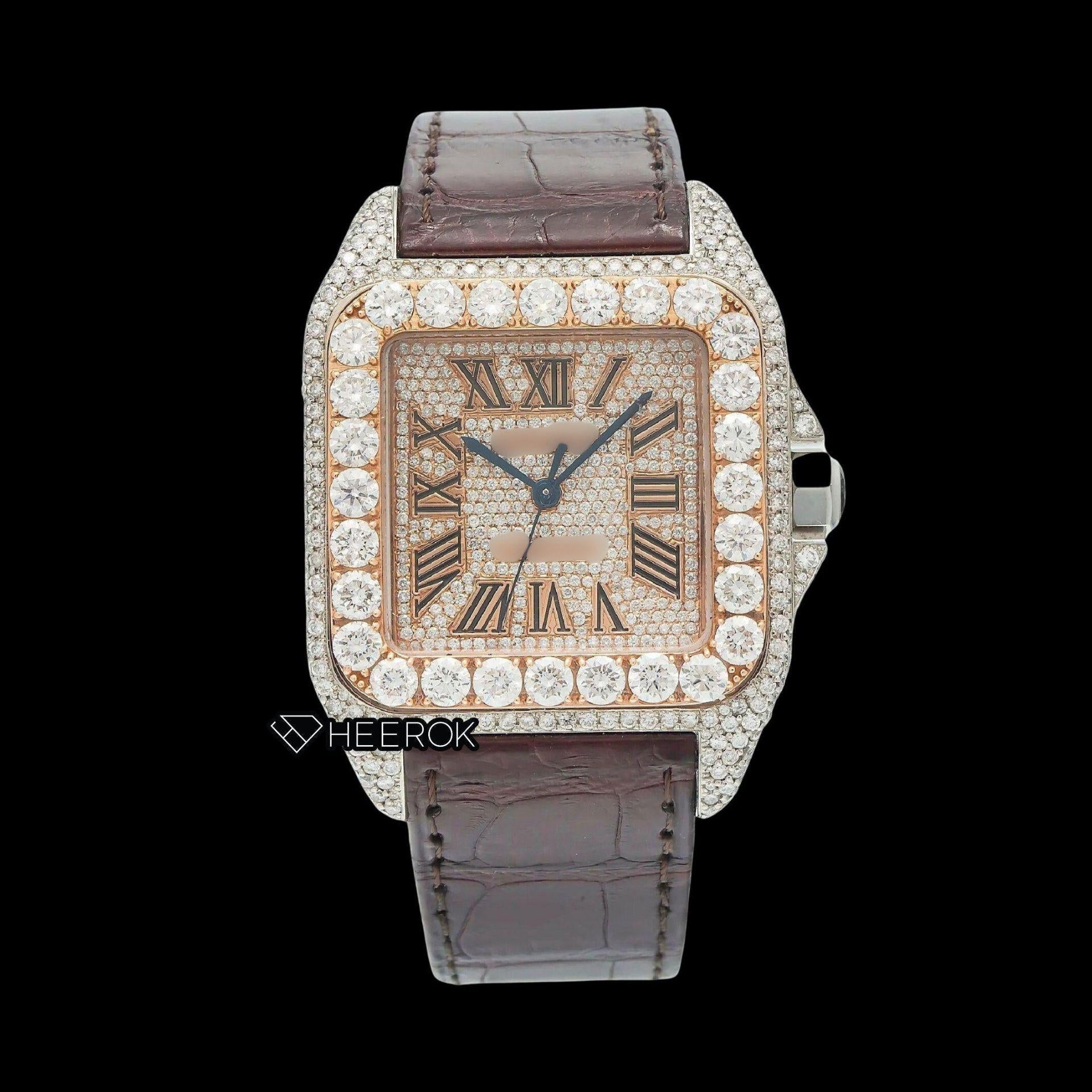 Cartier Santos Rose Gold Dial Roman Numerals Large Round Diamond Bezel Brown Leather Strap Semi Iced Moissanite Diamond Watch