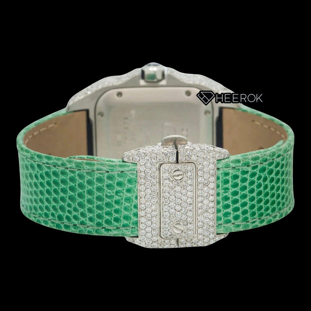 Cartier Santos Rose Gold Dial Roman Numerals Large Round Diamond Bezel Green Leather Strap Semi Iced Moissanite Diamond Watch