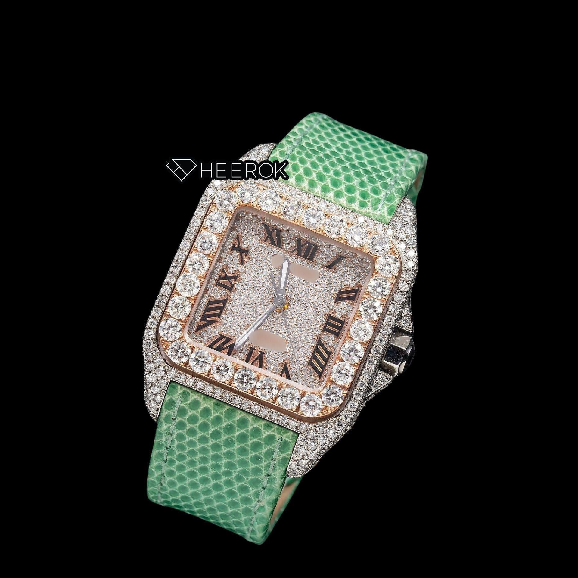 Cartier Santos Rose Gold Dial Roman Numerals Large Round Diamond Bezel Green Leather Strap Semi Iced Moissanite Diamond Watch