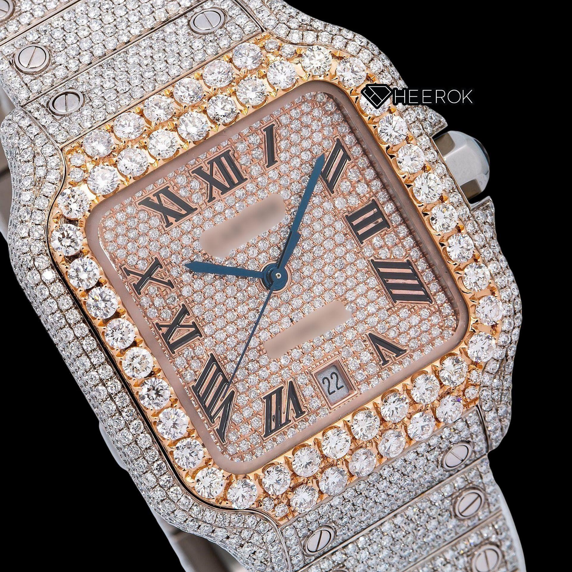 Cartier Santos Rose Gold Full Pave Dial Roman Numerals Diamond Bezel Fully Iced Moissanite Diamond Watch