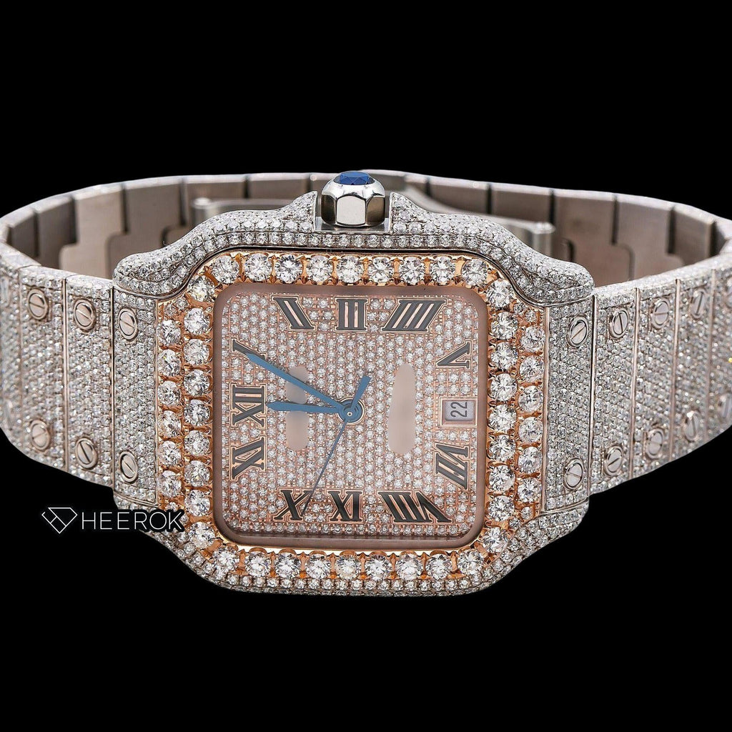 Cartier Santos Rose Gold Full Pave Dial Roman Numerals Diamond Bezel Fully Iced Moissanite Diamond Watch