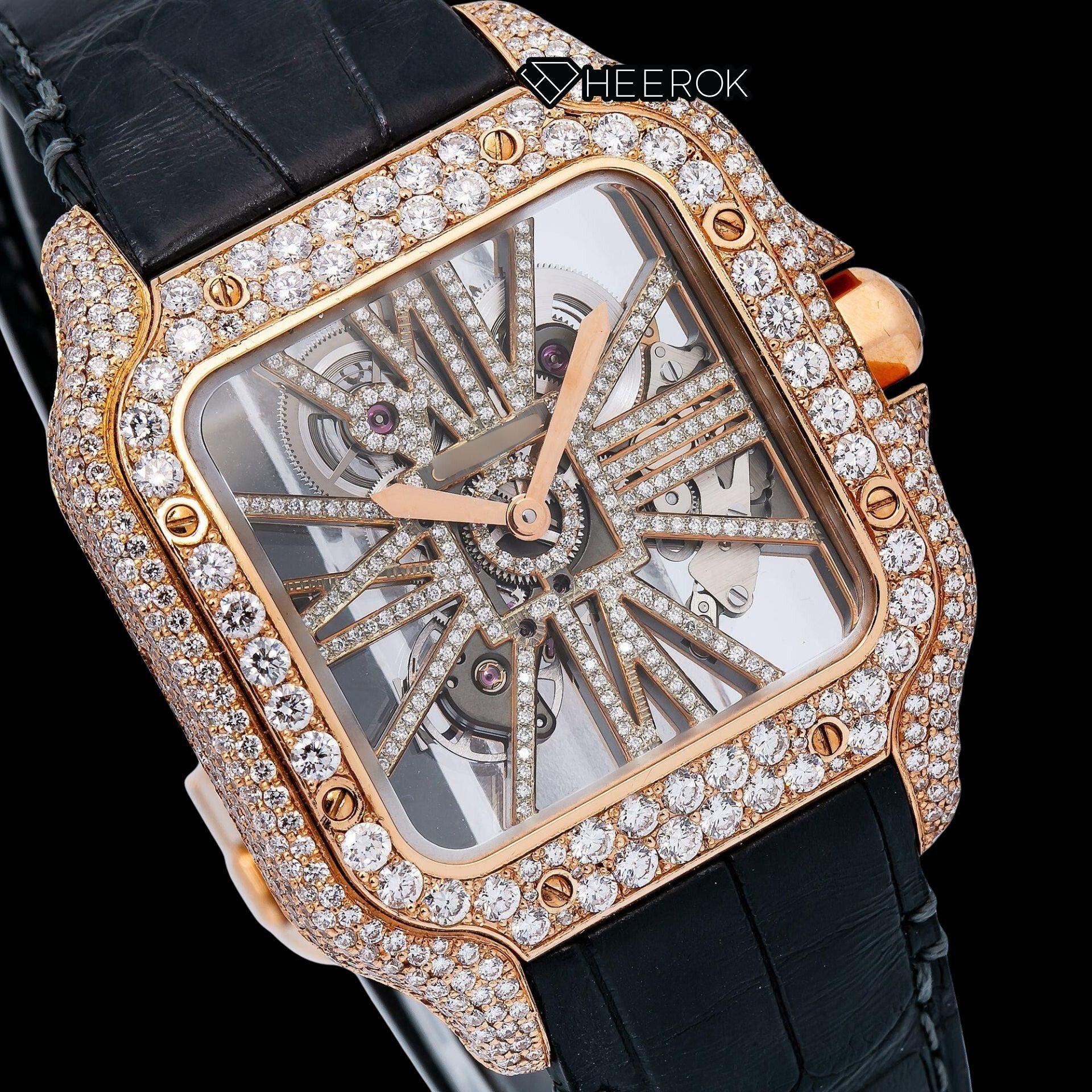 Cartier Santos Rose Gold Skeleton Dial Diamonds Bezel Black Leather Strap Semi Iced Moissanite Diamond Watch
