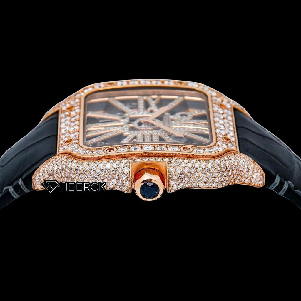 Cartier Santos Rose Gold Skeleton Dial Diamonds Bezel Black Leather Strap Semi Iced Moissanite Diamond Watch