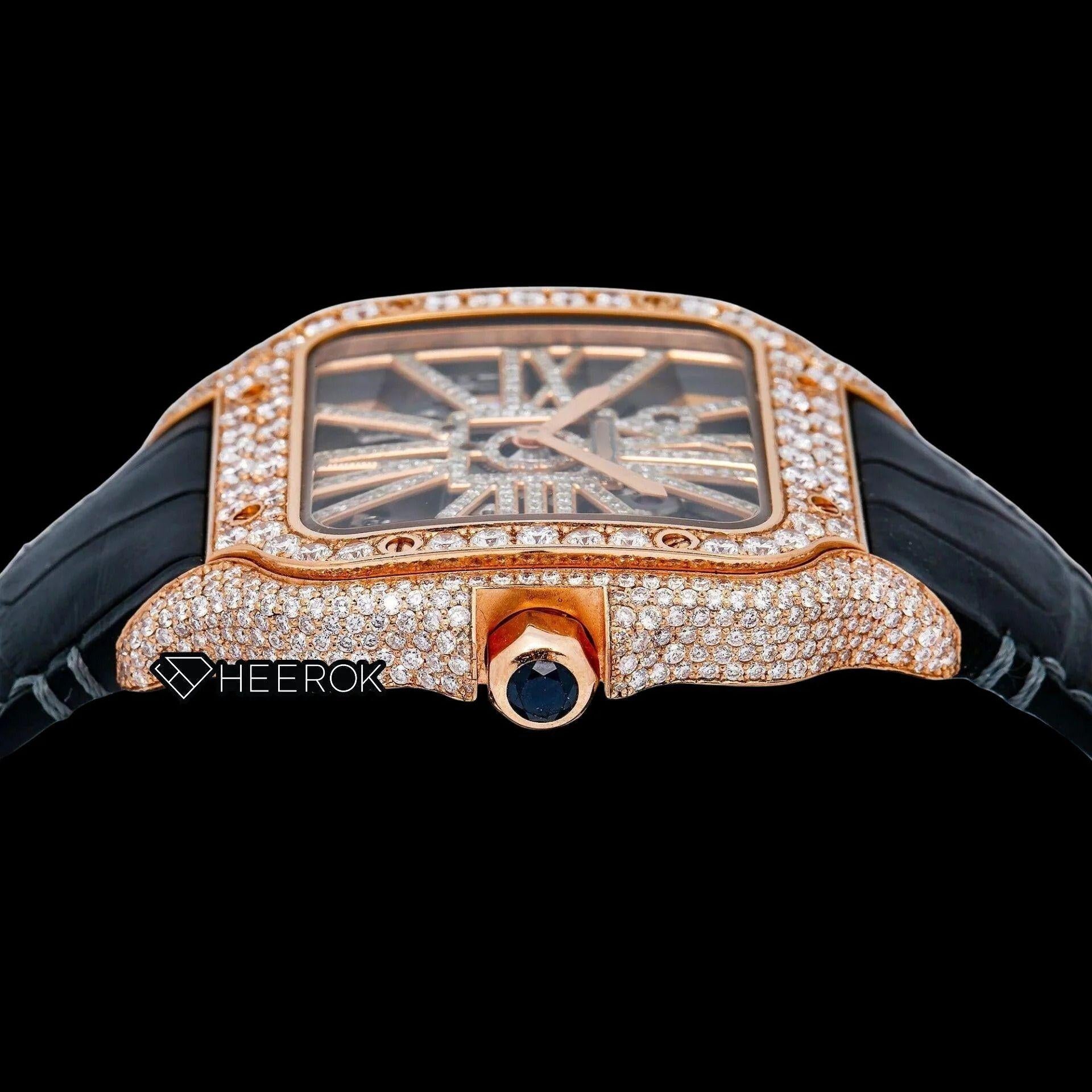 Cartier Santos Rose Gold Skeleton Dial Diamonds Bezel Black Leather Strap Semi Iced Moissanite Diamond Watch