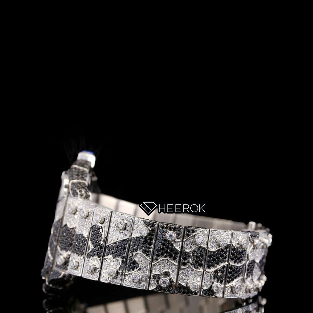 Cartier Santos Skeleton Dial Black and White Diamond Bezel Two Tone Bracelet Moissanite Diamond