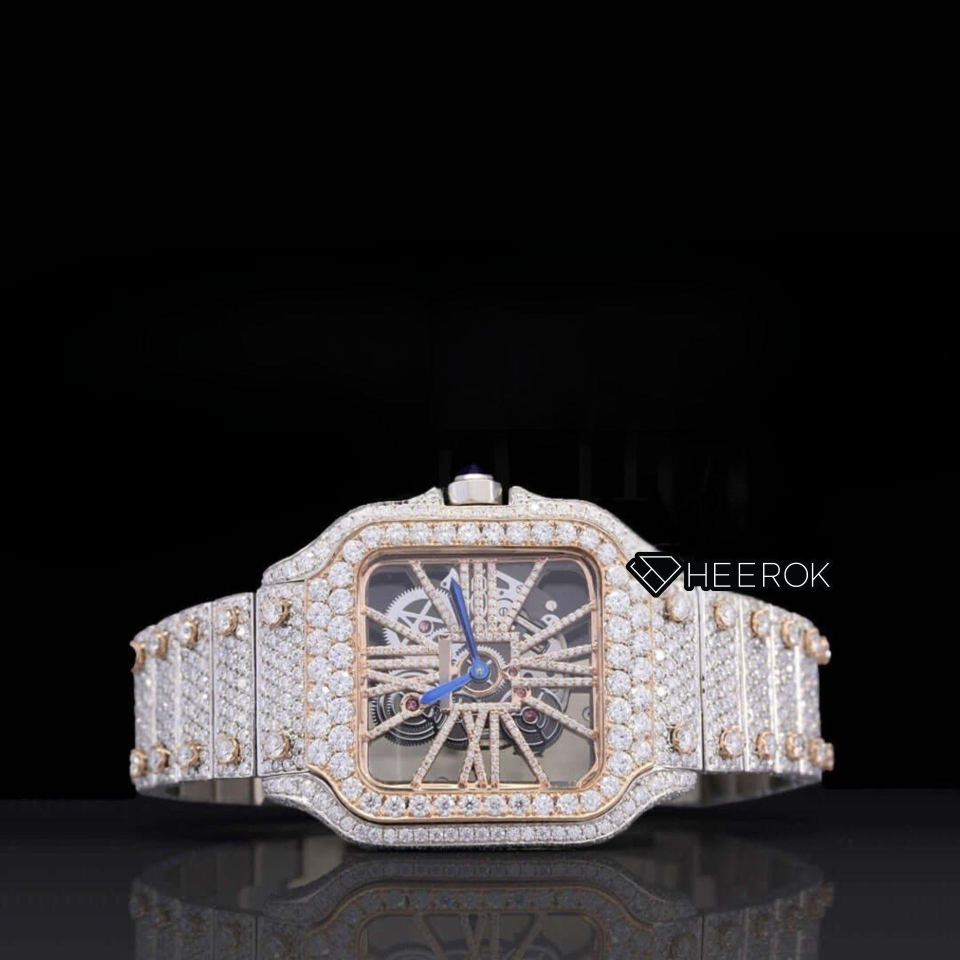 Cartier Santos Skeleton Dial Diamond Bezel Fully Iced Two Tone Rose Gold Moissanite Diamond
