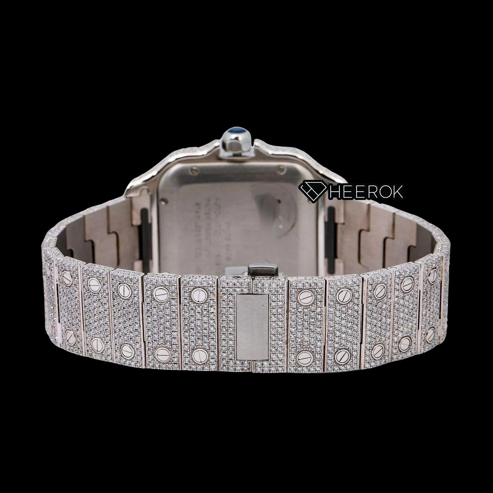 Cartier Santos White Dial Black Roman Numerals Diamond Bezel Fully Iced Moissanite Diamond Watch