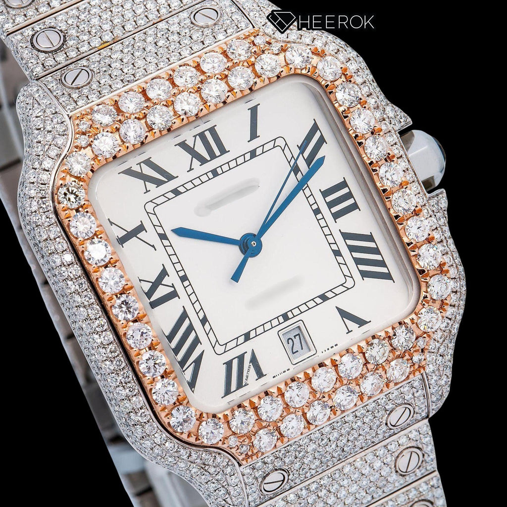 Cartier Santos White Dial Roman Numerals Diamond Bezel Fully Iced Out Moissanite Diamond Watch