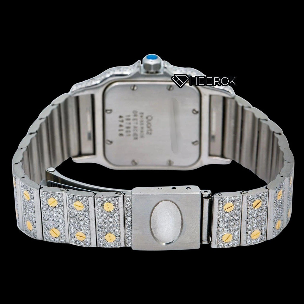 Cartier Santos Yellow Dial Roman Numerals Diamond Bezel Fully Iced Two Tone Moissanite Diamond Watch For Women