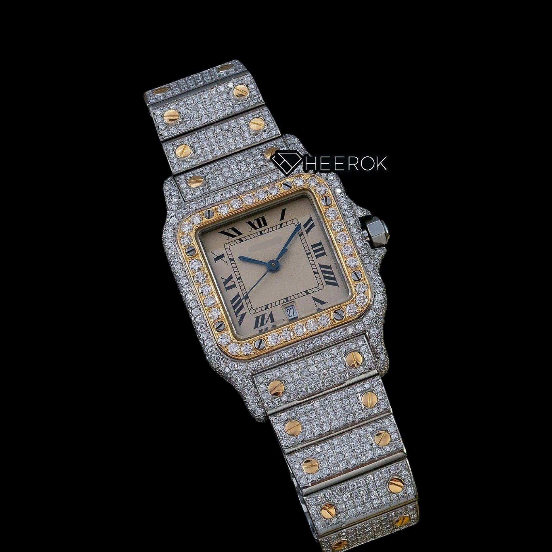 Cartier Santos Yellow Dial Roman Numerals Diamond Bezel Fully Iced Two Tone Moissanite Diamond Watch For Women