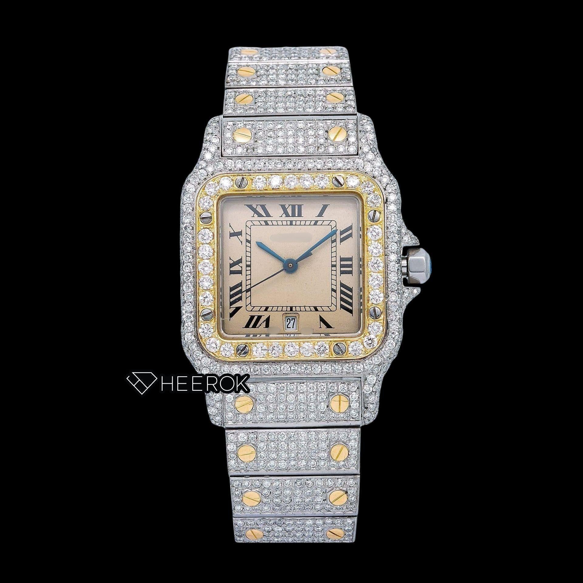 Cartier Santos Yellow Dial Roman Numerals Diamond Bezel Fully Iced Two Tone Moissanite Diamond Watch For Women