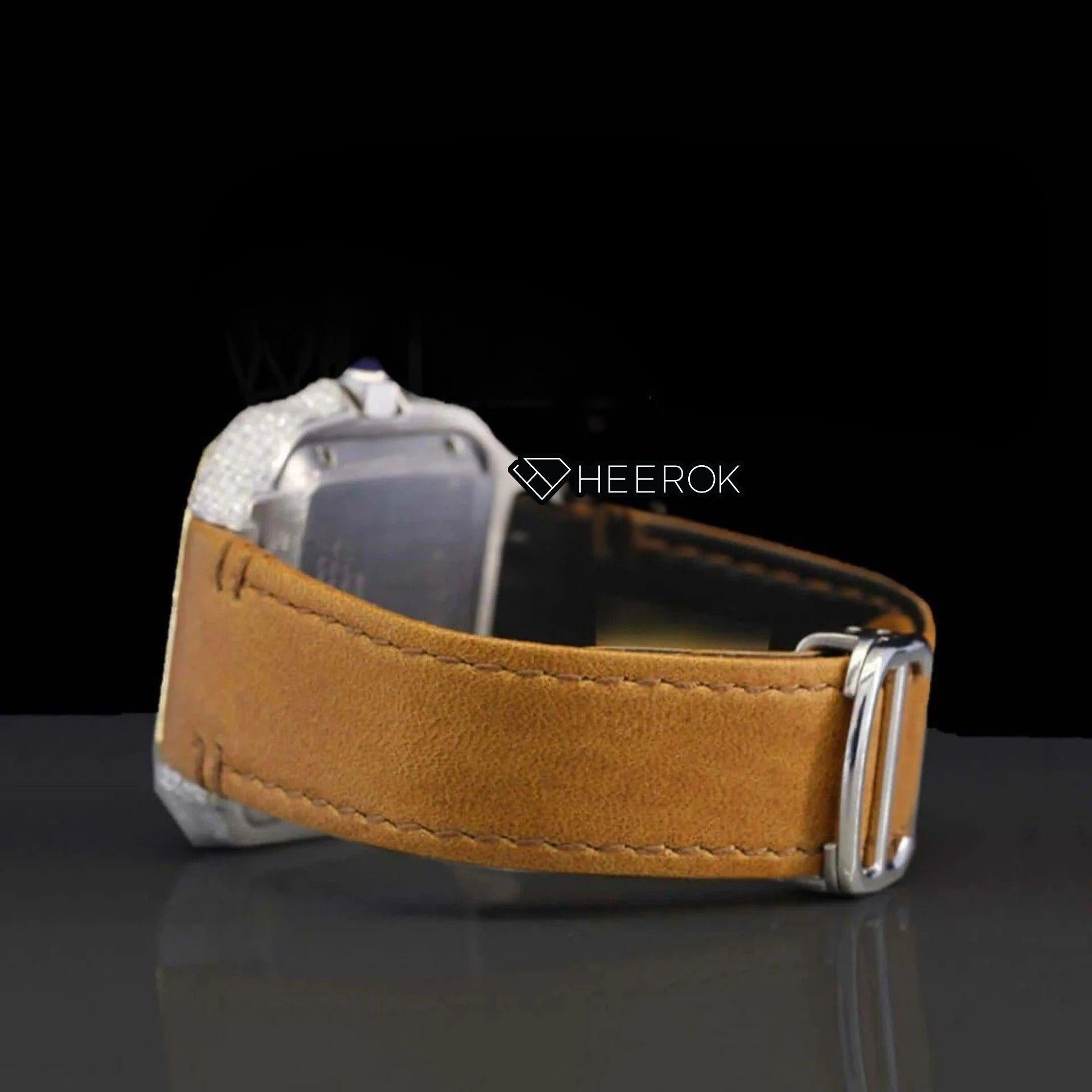 Cartier Santos Yellow Dial Roman Numerals Diamond Bezel Moissanite Diamond Brown Leather Strap