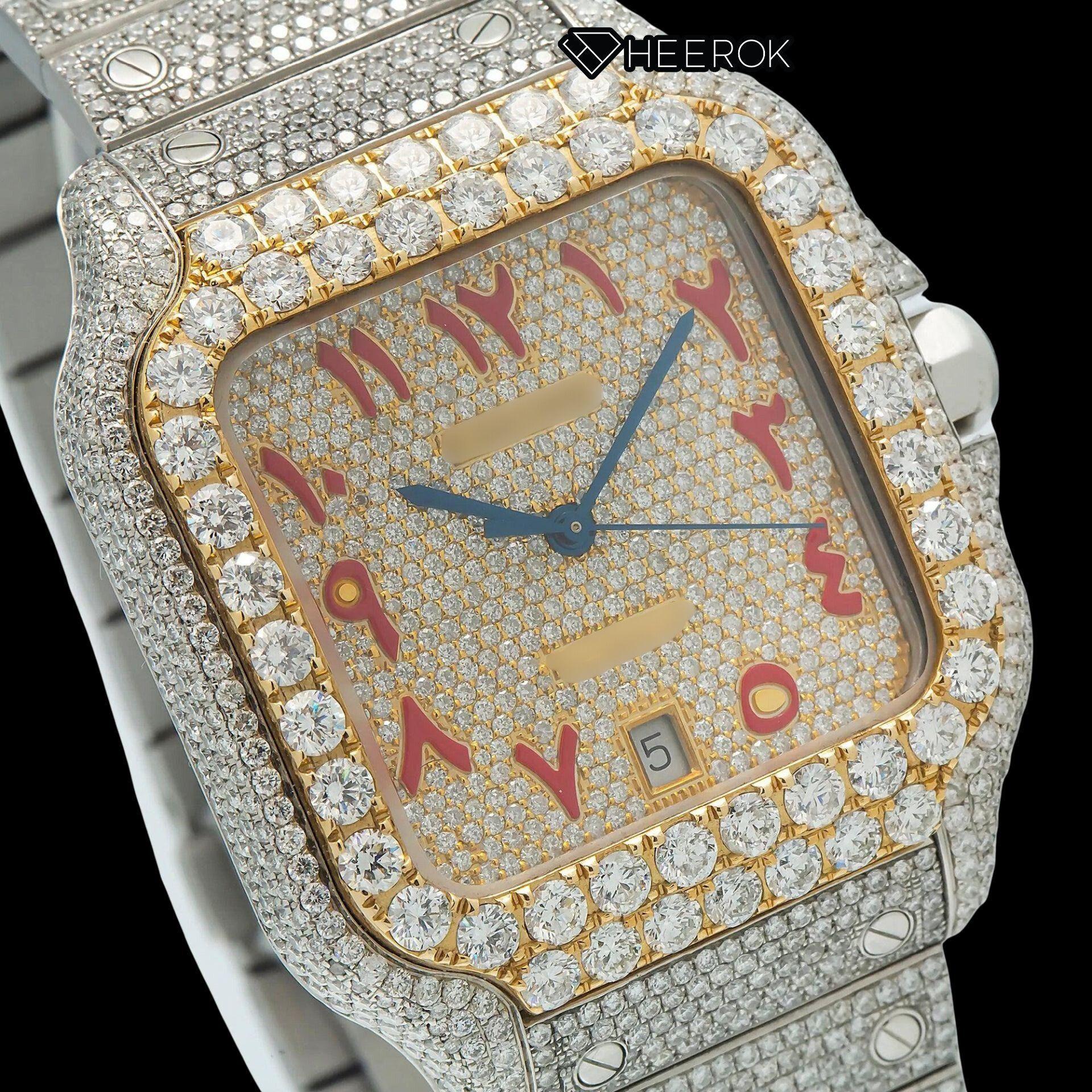 Cartier Santos Yellow Gold Dial Red Arabic Numerals Diamond Bezel Bust Down Moissanite Diamond Watch