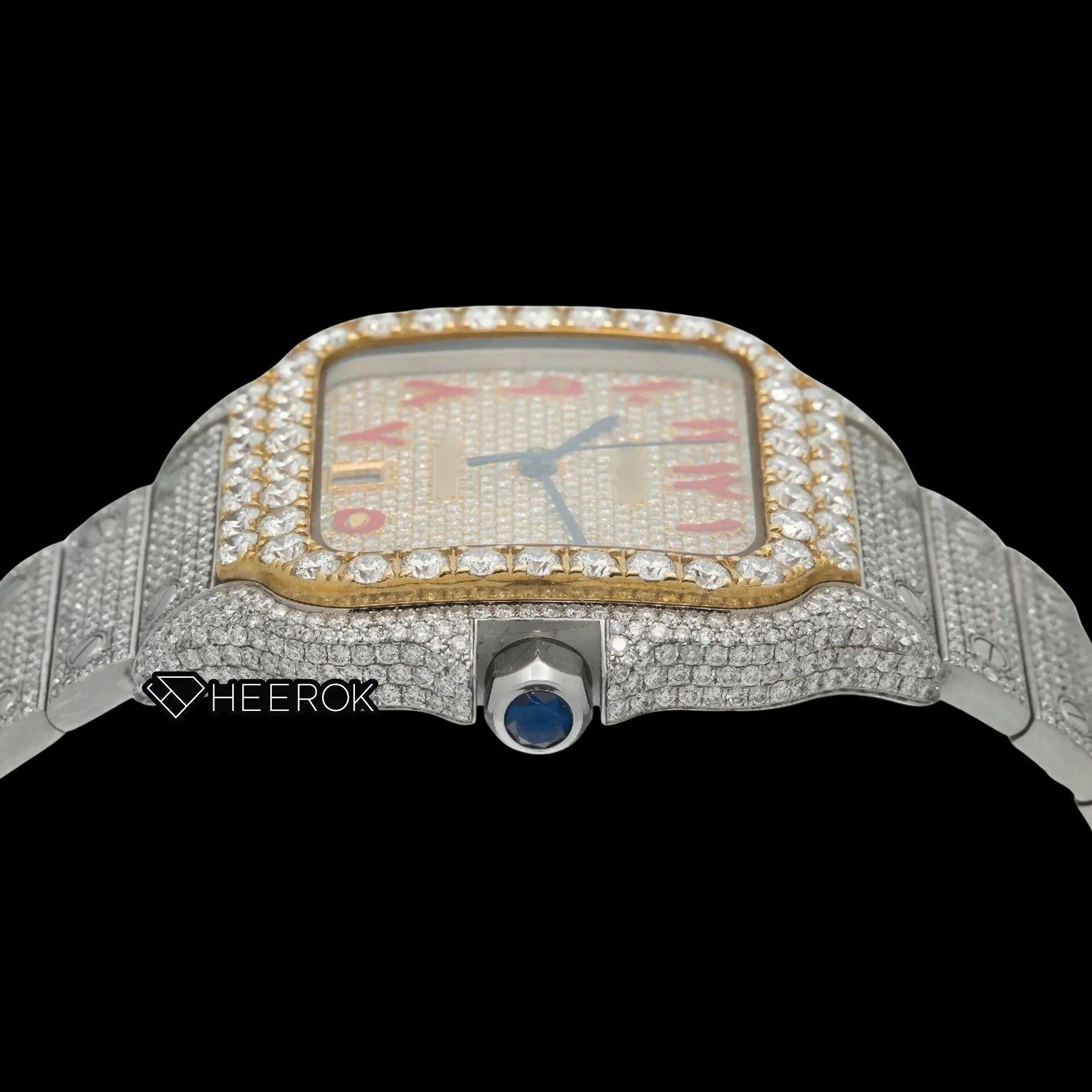 Cartier Santos Yellow Gold Dial Red Arabic Numerals Diamond Bezel Bust Down Moissanite Diamond Watch