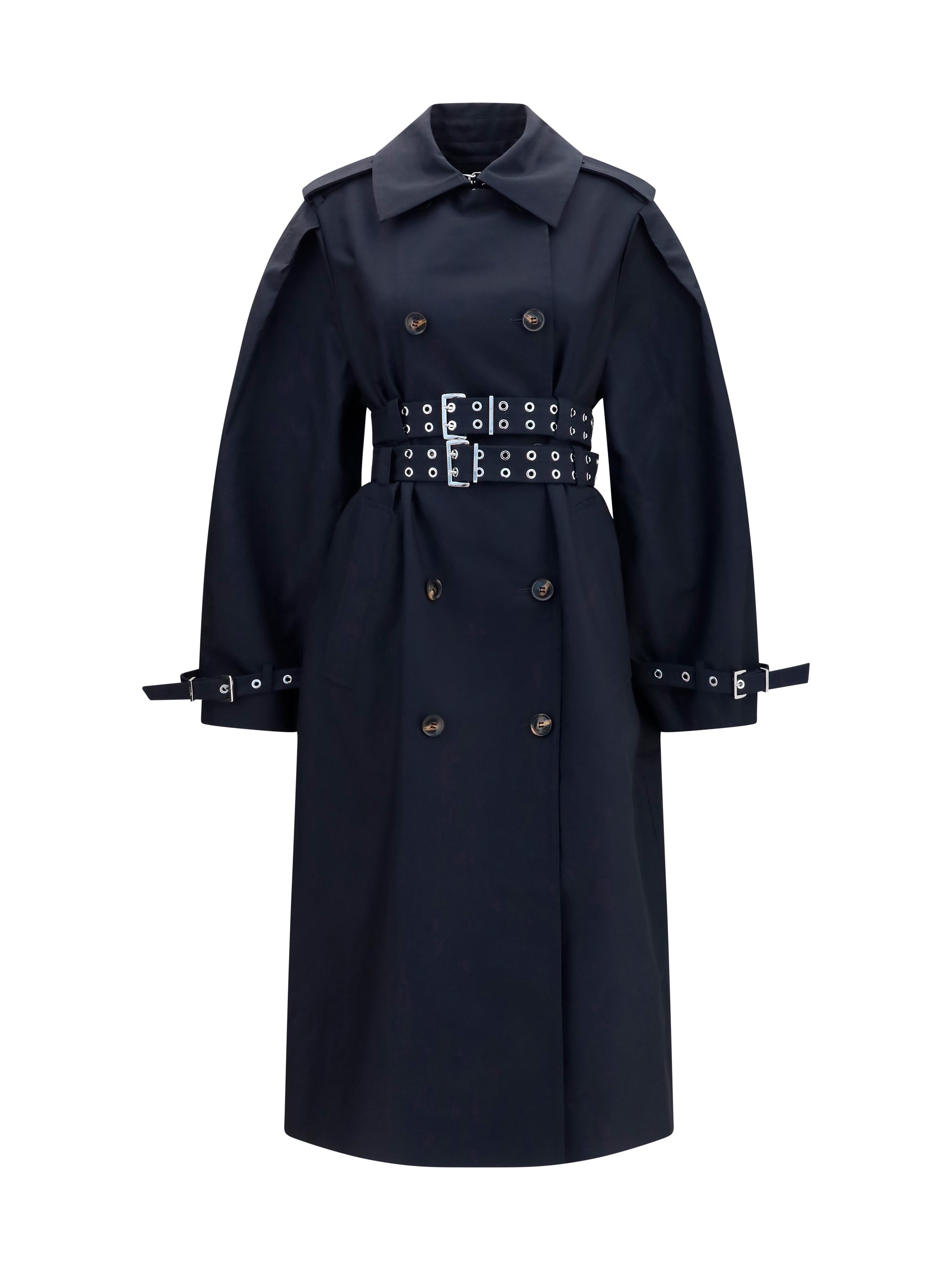 Ganni Women Double-Breasted Cotton Trench Coat With Double Belt