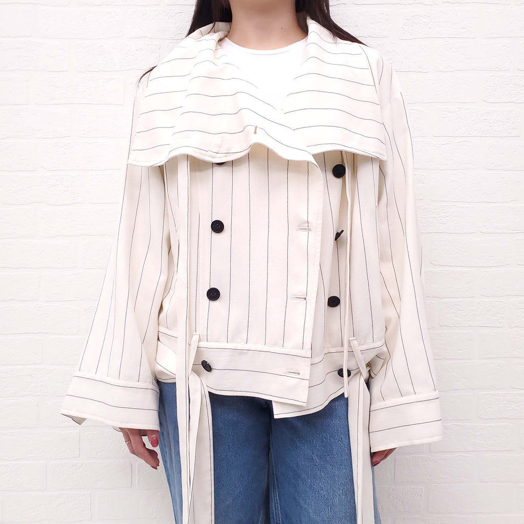 DANIEL GREGORY NATALE CREAM AND BLACK PIN STRIPE DOUBLE BREASTED FUNNEL NECK JACKET