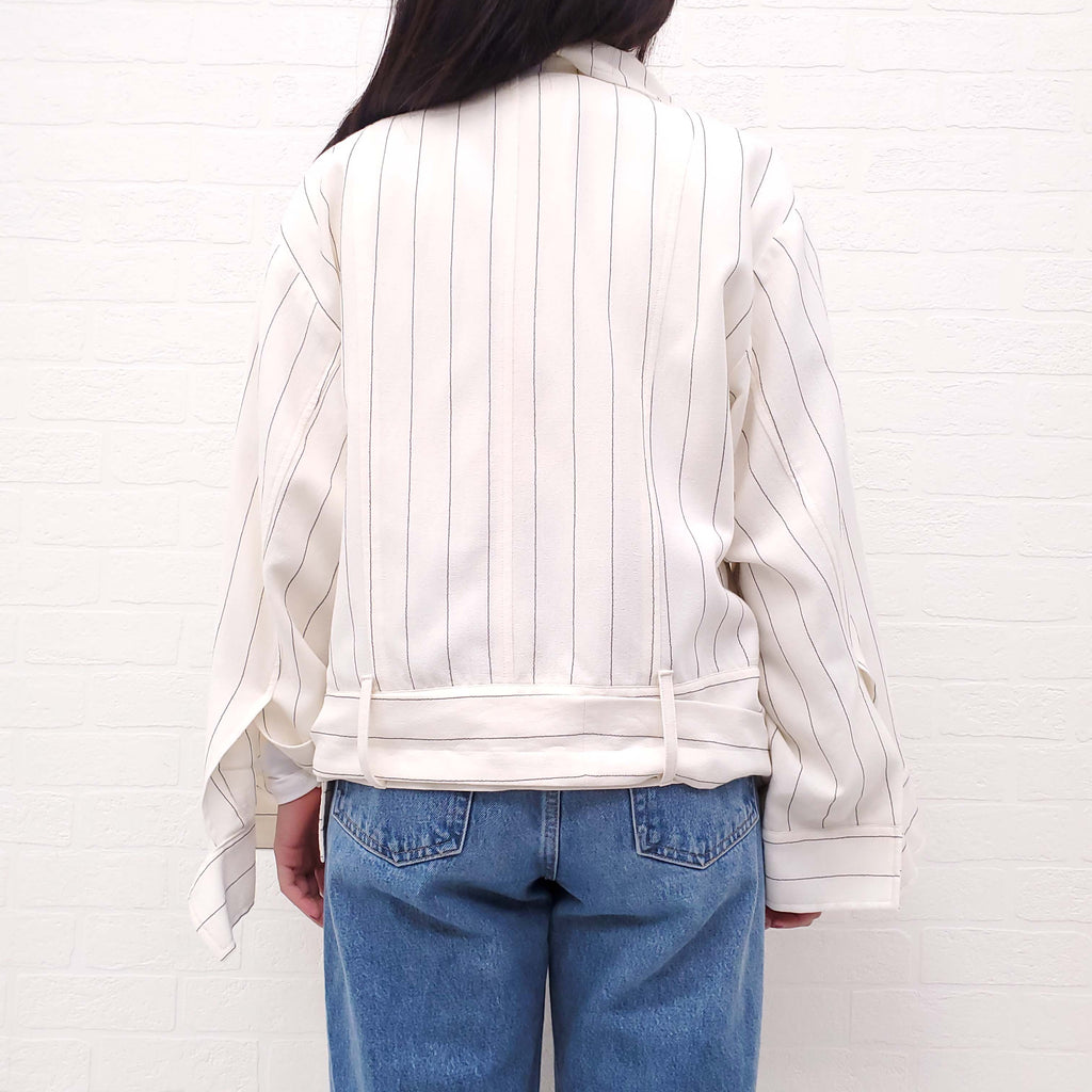 DANIEL GREGORY NATALE CREAM AND BLACK PIN STRIPE DOUBLE BREASTED FUNNEL NECK JACKET