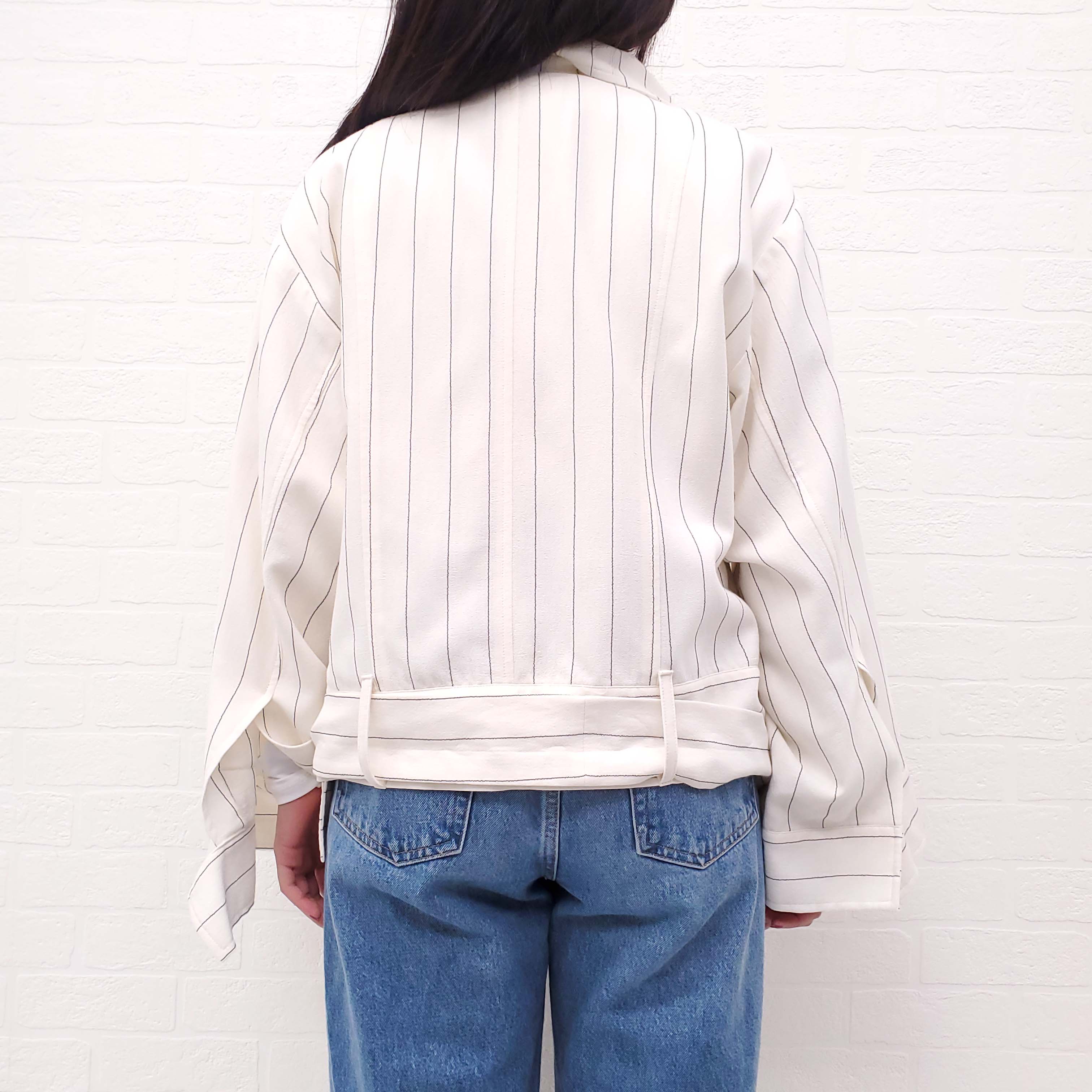 DANIEL GREGORY NATALE CREAM AND BLACK PIN STRIPE DOUBLE BREASTED FUNNEL NECK JACKET