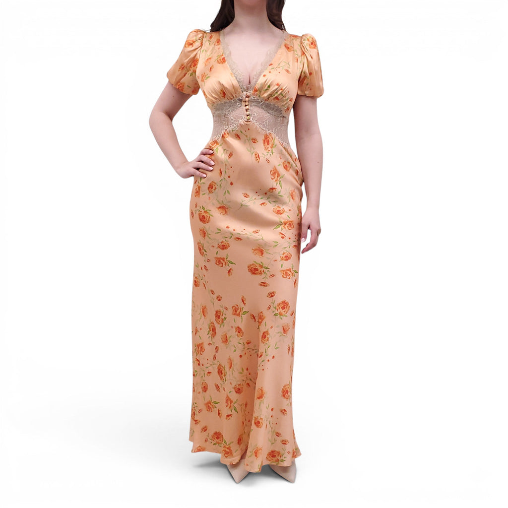 DE LA VALI FLORAL DRESS WITH LACE CUT OUT DETAIL - SIZE 6