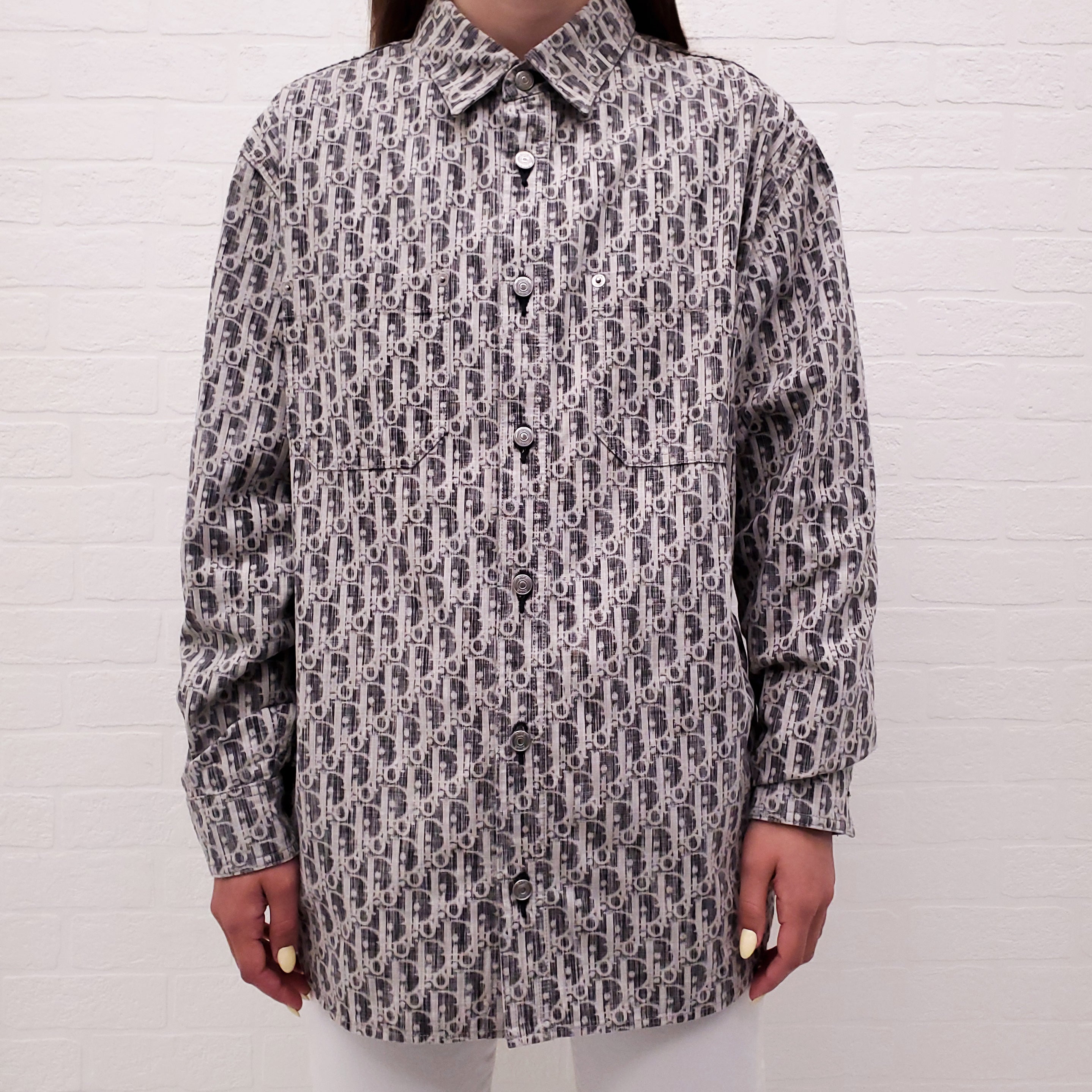 DIOR GREY UNISEX DENIM LOGO BUTTON UP SHIRT - SIZE 39/M