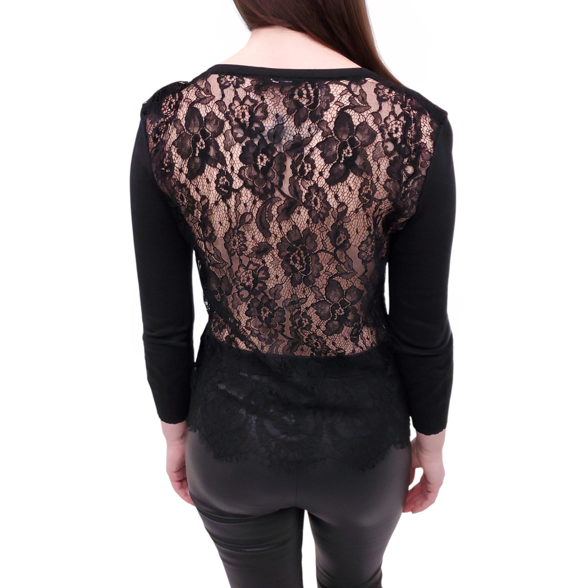 DOLCE & GABBANA BLACK LACE V-NECK SWEATER - SIZE 38