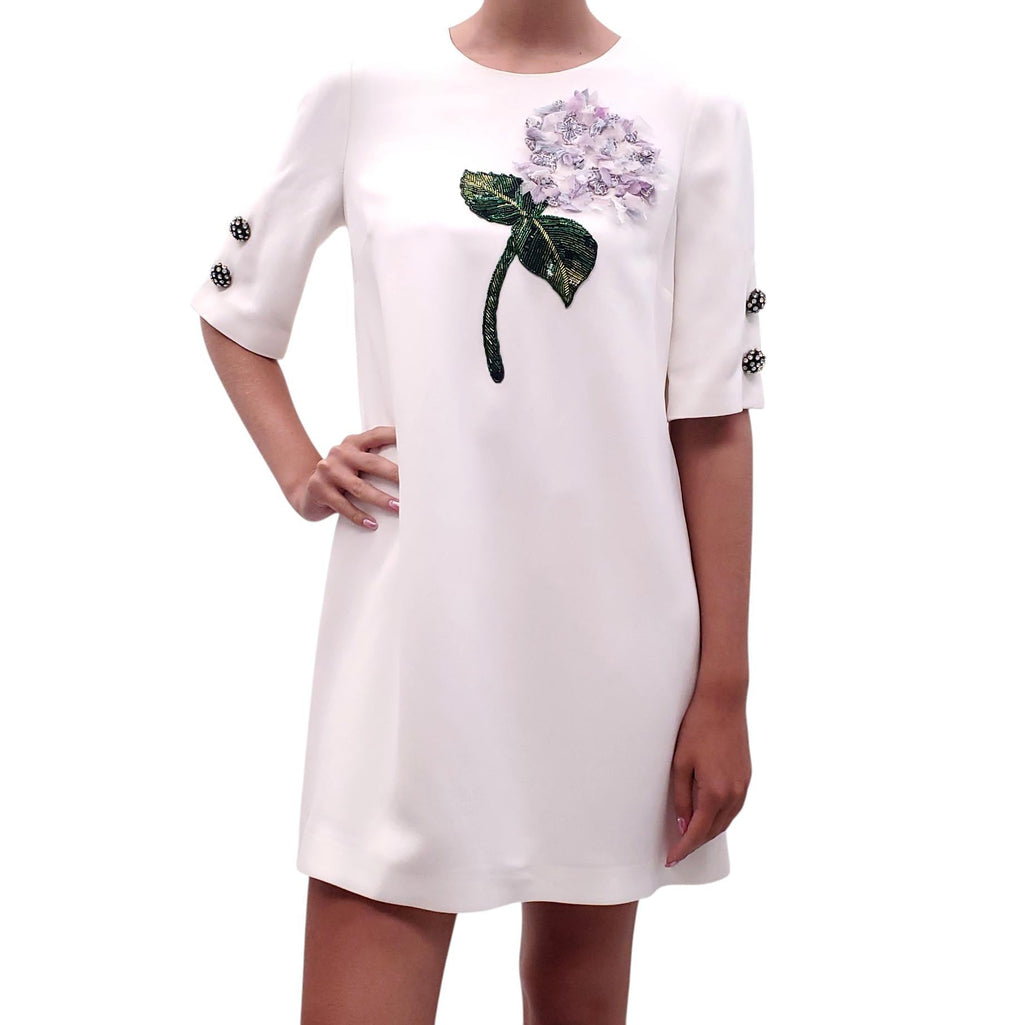 DOLCE & GABBANA CREAM FLORAL CRYSTAL DRESS - SIZE 46