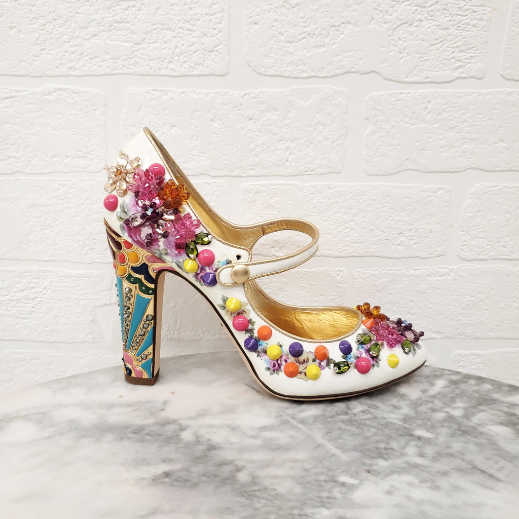 DOLCE & GABBANA FLORAL BEADED HEELS WITH STUDS - SIZE 38