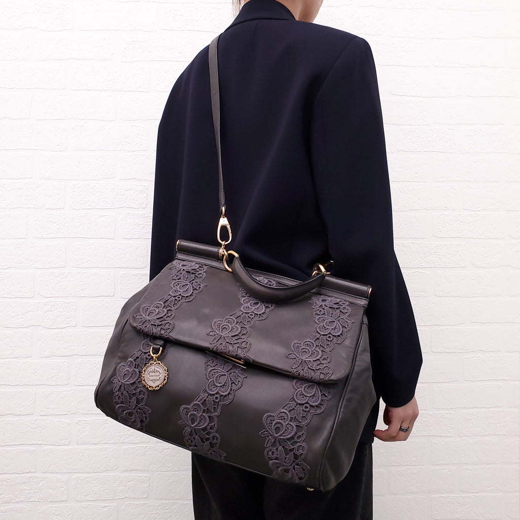 DOLCE & GABBANA GREY LACE LEATHER SICILY BAG