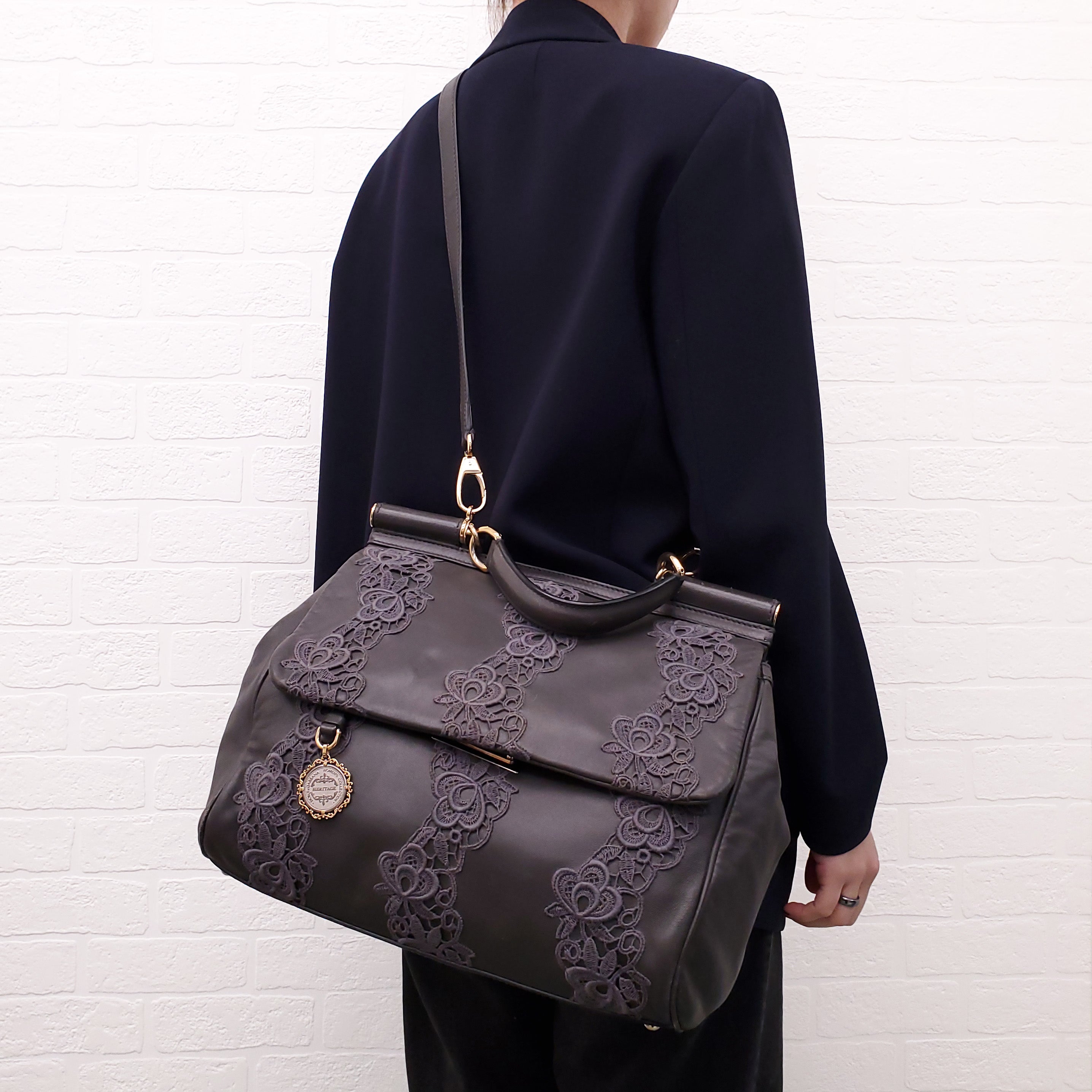 DOLCE & GABBANA GREY LACE LEATHER SICILY BAG
