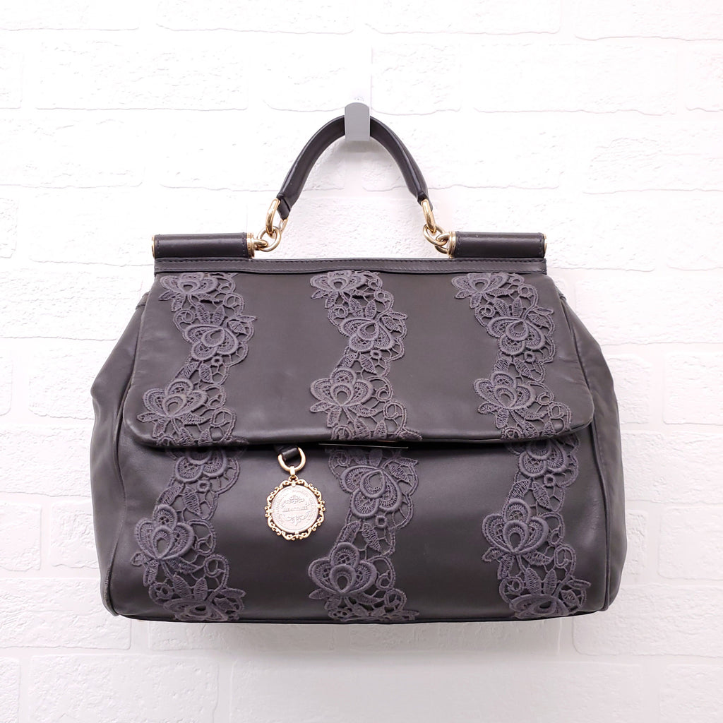 DOLCE & GABBANA GREY LACE LEATHER SICILY BAG