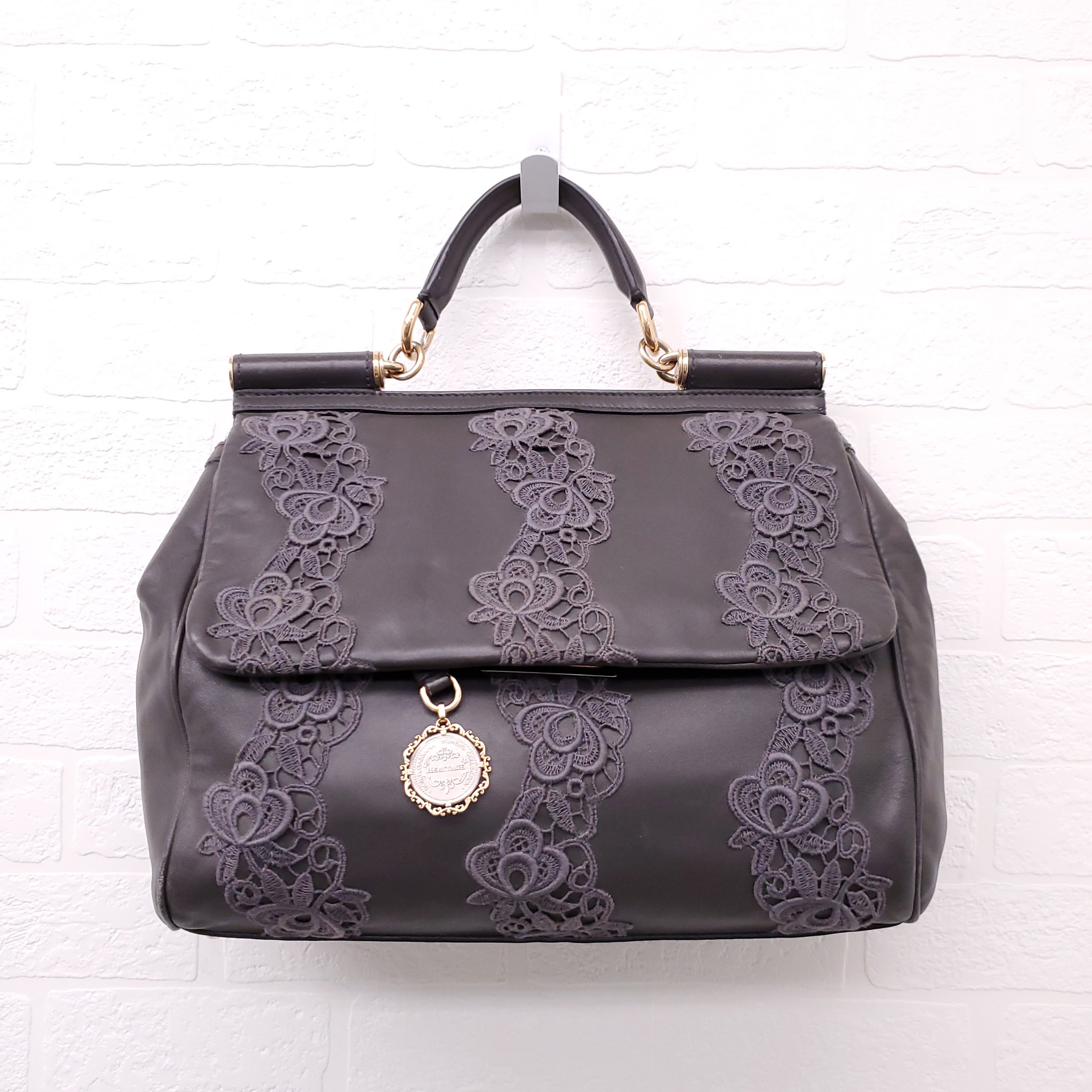 DOLCE & GABBANA GREY LACE LEATHER SICILY BAG